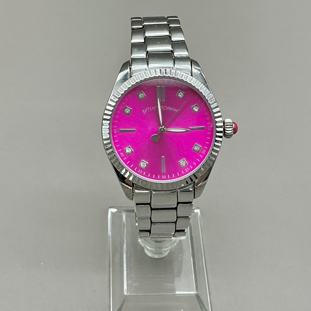 Betsey Johnson Watch Pink Dial Crystal Silver Tone Bracelet 40mm NEW BATTERY